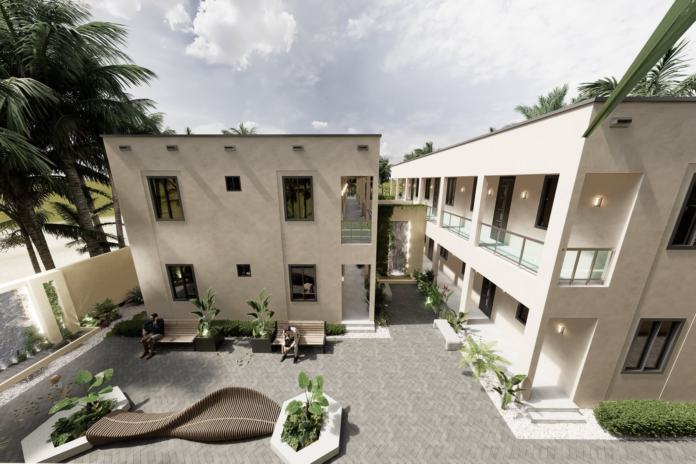Eigen render van een appartementcomplex van twee bouwlagen rond een groen binnenhof