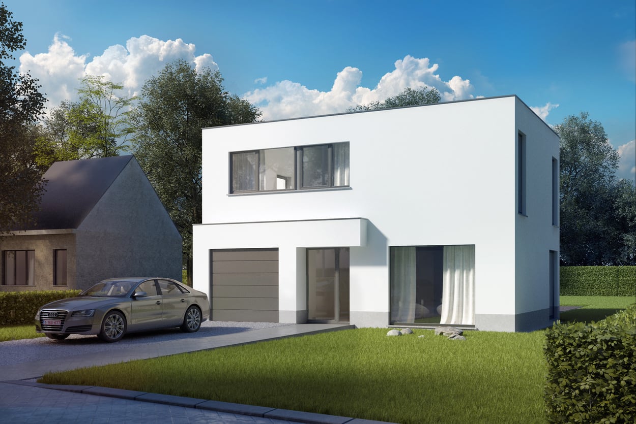 Fotorealistische render van een moderne nieuwbouwwoning