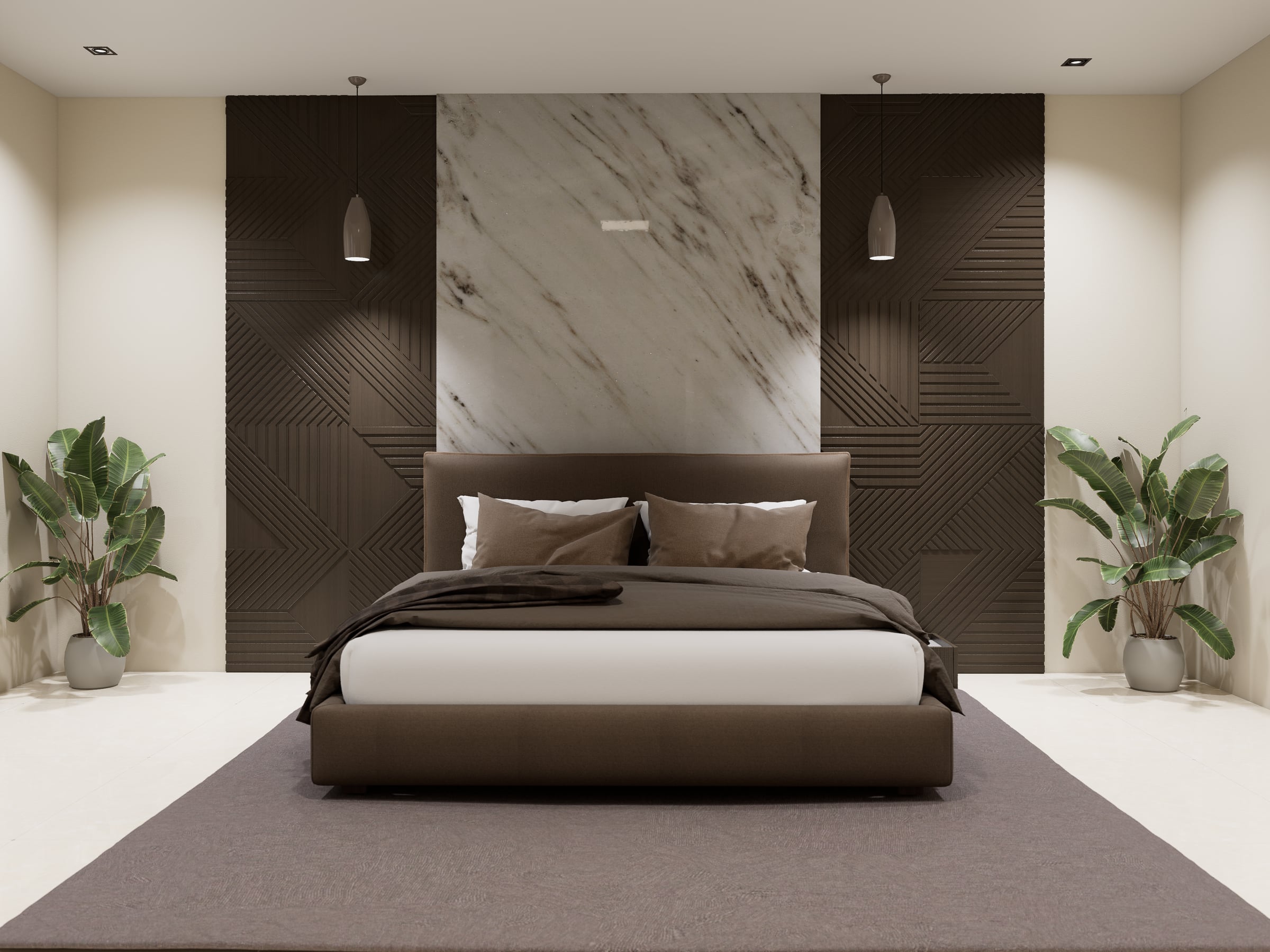 Slaapkamer met marmeren wandpaneel en houten lambrisering