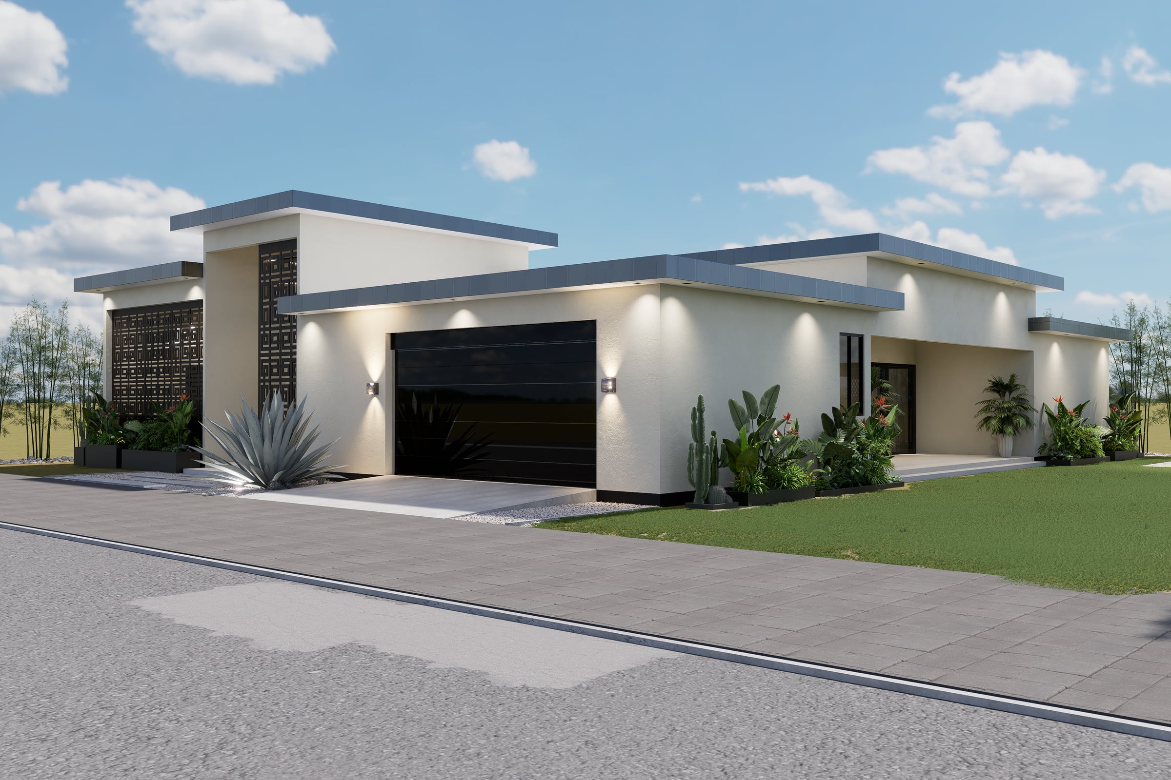 Eigen render van een woning met plat dak, diepe overstekken en tropische beplanting, gezien vanaf de straat
