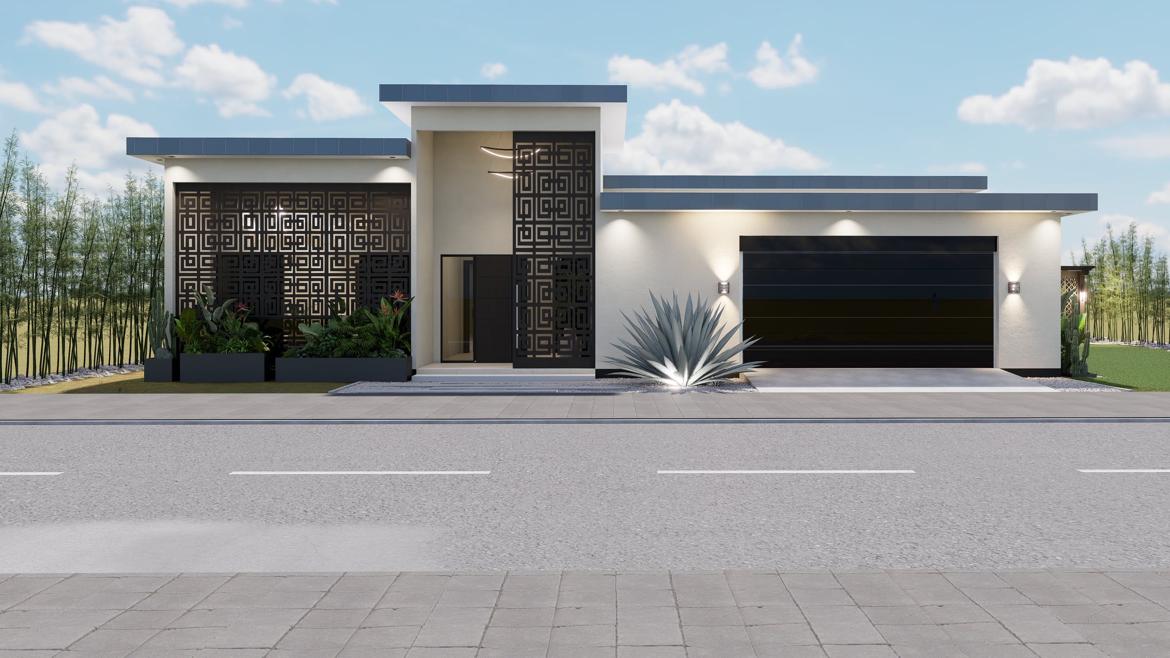 Voorgevel van een woning in Paramaribo met geperforeerde sierpanelen en garage