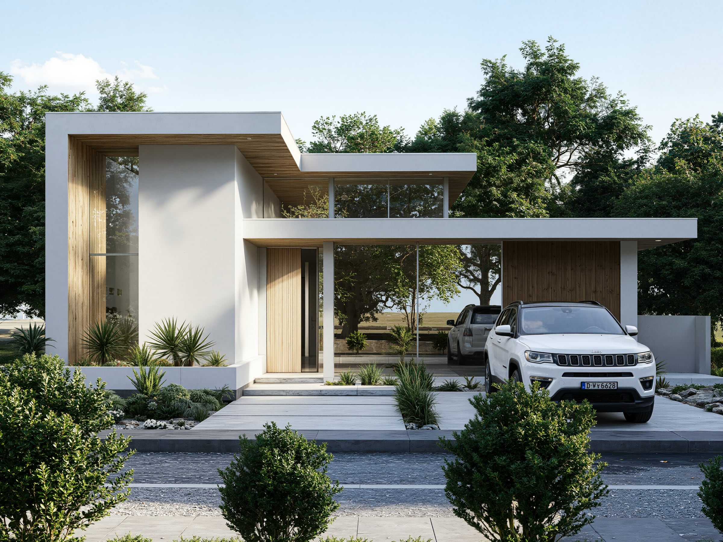 Voorgevel van een moderne woning met houten entreepartij en oprit